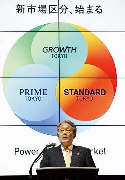 東京証券取引所は2022年1月11日、4月に再編される新市場の所属企業を公表した。写真は、新市場を披露する東証の山道裕己社長<br><span class="fontSizeS">（写真：共同通信社）</span>