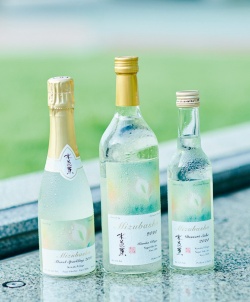 発売された酒「MIZUBASHO Artist Series」は左からスパークリング酒、普通酒、デザート酒<span class="fontSizeS">（写真：永井酒造）</span>
