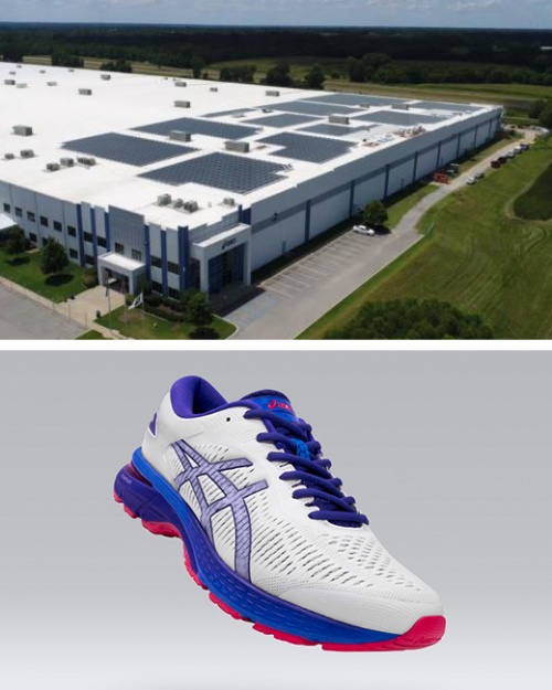 The Mississippi distribution center of ASICS America Corp. (above) can generate 1000 kW through a solar power installation. ASICS shoes newly utilize CNF to combine reduced CO2 emissions from manufacturing with improved performance.