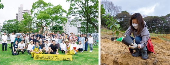 元松さんは、若手起業家による関門地域(関門海峡を挟んだ地域)のレモンをブランド化しようという活動に、ボランティアとして参画した。右写真は農園に自らレモンの苗木を植えているシーン。左写真は8月に開催され、元松さんも参加したという「海峡レモン祭り」の様子(写真提供:EY Japanおよび元松氏)