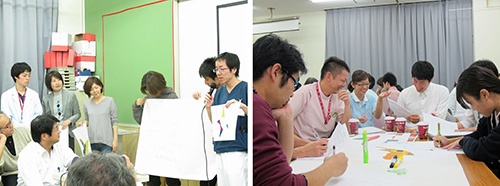 「絵本の扉を開くワークショップ」(2014年)の様子。職員、患者、地域住民が参加し、どんなアート作品にしたいかを話し合った(写真提供:耳原総合病院)