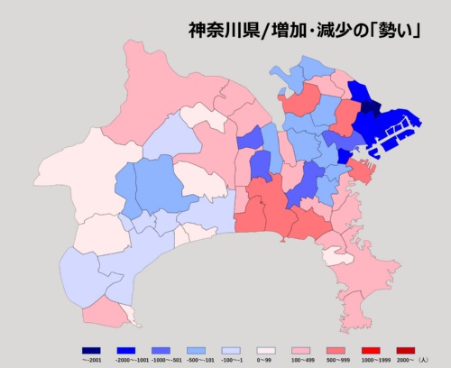 神奈川県の、転入超過の増加・減少の「勢い」（資料：日経BP 総合研究所）
