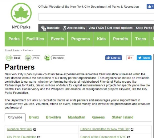 NY市公園局のウェブサイトには、パートナーのリストが掲載されている。市全域、または区でリストアップされていて検索しやすい。名前をクリックすると団体のウェブサイトに移動する（NY市公園局のウェブサイトより）