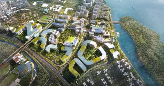 図1　PDD（Punggol Digital District）のマスタープランの街区イメージ。海沿いの50haの開発地区にビジネスビル、住宅、大学、コミュニティスペース、商業施設などを建設（出所：JTC)