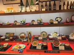 関アジ・関サバなどが有名な大分県。空港内のレストランでも、魚やしいたけといった特産品を使った郷土料理を提供している（左）。搭乗口の近くではキヤノンの製品を陳列（写真：中川 美帆）