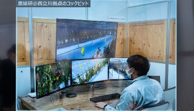 立川市の東京都農林総合研究センター内の研究所では、スマートグラスや4Kカメラ、走行型カメラなどからの高精細な映像でトマトの生育状況を確認できる（モニターに映し出された映像を撮影）。それらを見ながら技術指導を毎日適切に行える（写真：長坂 邦宏）