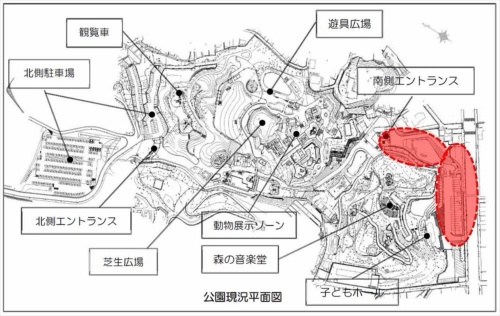 到津の森公園の現況平面図。赤色の部分が事業対象区域（資料：北九州市）