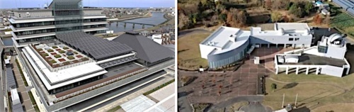 トライアル・サウンディングの対象になる市役所庁舎（左）と科学センターの全景（出所：阿南市）