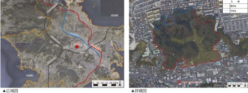 大矢部弾庫跡地の広域図（左）と詳細図（出所：横須賀市）