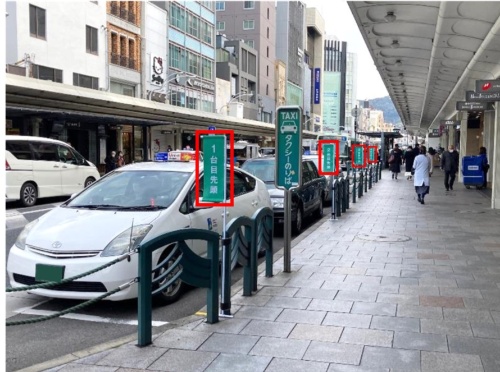 四条通沿道タクシー乗り場（西行き）のタクシー車間を示す看板（画像提供：NTTデータ経営研究所）