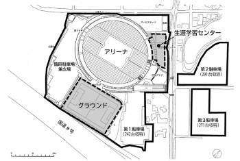 太線内エリアが提案対象エリア。生涯学習センターと人工芝グラウンドは設備改変の対象外だが、施設全体の一括管理など設備改変を伴わない提案の対象になる(出所:小松市)