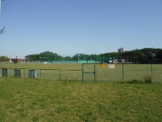 市営プール側から見た厚木野球場（左）と海老名市側からの全景（提供：厚木市）