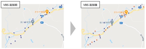 図中の赤丸が「バーチャルバス停（VBS）」。既存バス停のすき間を埋めるようにVBSを設置することで乗降場所が希望地点に近くなる（発表資料より）