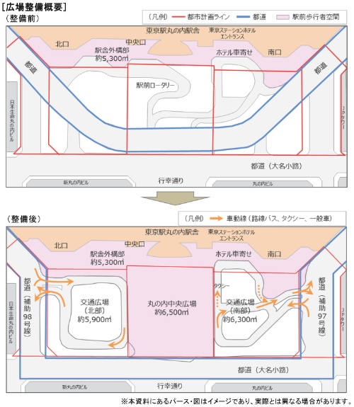 広場の整備前後。広場内を横切るように大きな部分を占めていた都道を広場外周に再整備(都市計画道路幹線街路補助97・98号線)した(資料:JR東日本)
