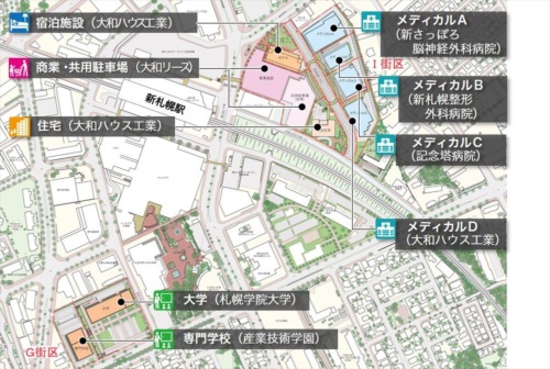 「（仮称）新さっぽろ駅周辺地区G・I街区開発プロジェクト」の全体は位置図。JRの線路をはさんで南側にあるG街区と、北側にあるI街区に分かれている（資料：大和ハウス工業）