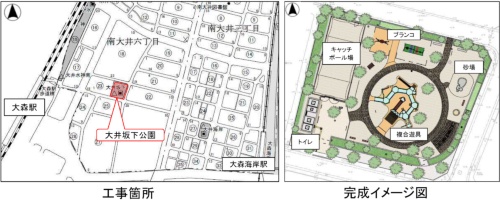 大井坂下公園の位置図と完成イメージ（出所：品川区）