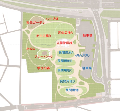 （仮称）小松公園のレイアウト。赤字の部分は都市公園で、青字の部分は民間活用地。「（仮称）小松公園」という名称は、民間活用地も含めた現時点での総称（資料：泉大津市）
