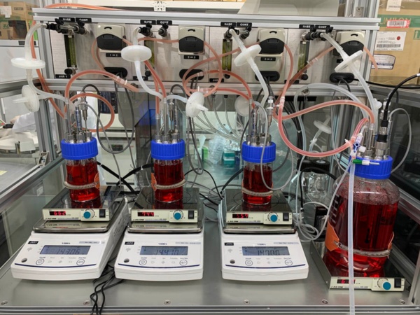 生体の機構を模した「CulNet System」。写真は研究開発用の培養液のため試薬で赤色にしているが、実際に培養肉をつくる際の培養液はほぼ無色（写真提供：インテグリカルチャー、以下同）
