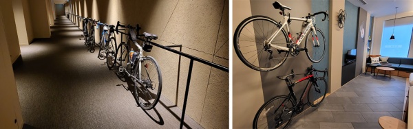 自転車を押して移動しやすいように、廊下の幅は通常のホテルの1.5倍くらい余裕をとってある。自転車を壁に掛けられる「サイクルルーム」では、ガラス張りのバスルームで湯船に浸かりながらでも自転車を眺められる