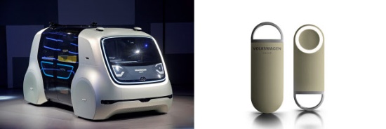 (写真3)Sedricの外観(左)と専用リモコンのOneButton(右)。Sedricという名称は「self-driving car」を意味している。OneButtonは世界中で利用できるモビリティIDとして機能する(出所:Volkswagen)
