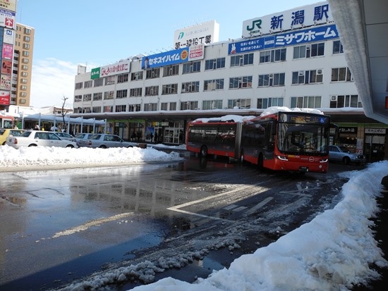 (写真1)BRT(バス高速輸送システム)の萬代橋ラインを象徴する連節バス。新潟市が4台を購入し、運行事業者の新潟交通に無償貸与する(写真:茂木俊輔)