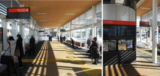 (写真3)BRT萬代橋ラインの交通結節点の一つである「市役所前」。写真左は、新潟駅からのBRTとバス路線との間の乗り換えターミナル。乗降口は、手前の左右と奥の左右、合計4カ所にある。写真右は、新潟駅に向かうBRTとバス路線との間の乗り換えターミナル。どのバスにどこで乗り換えればいいかは、案内板に表示される(写真:茂木俊輔)