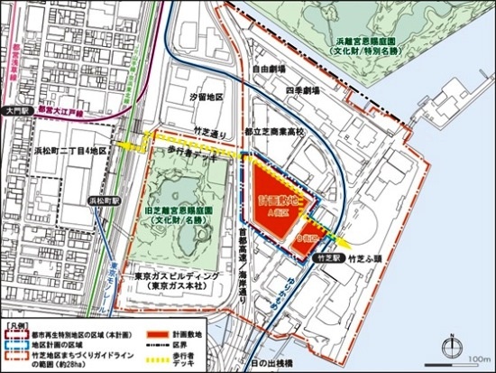 (図1)「(仮称)竹芝地区開発計画」の位置図。東京都計量検定所と都立産業貿易センターの跡地であるA街区には業務棟を、都公文書館の跡地であるB街区には住宅棟を建設する(資料:東急不動産)