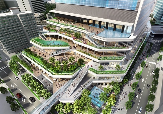 (図4)業務棟低層部の南東側はスキップテラス。緑と水を取り入れたテラス空間が階段状に続く。アフターコンベンションへの利用も想定する(資料:東急不動産)