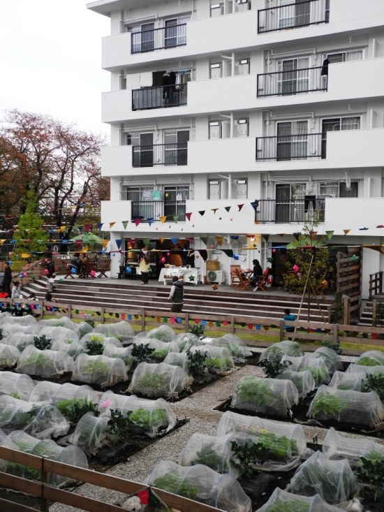 (写真2)アグリメディアが神奈川県座間市のホシノタニ団地で運営する「シェア畑」と住棟1階の農家カフェ。撮影は2015年11月のイベント開催時(写真:茂木 俊輔)
