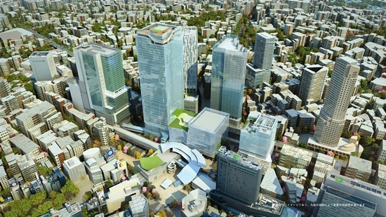 (写真1)2027年度ごろの渋谷駅周辺のイメージ。中央にそびえる超高層が、渋谷スクランブルスクエア(東棟)。その左に、渋谷ヒカリエが見える。右端の超高層は、セルリアンタワー(画像提供:東京急行電鉄)