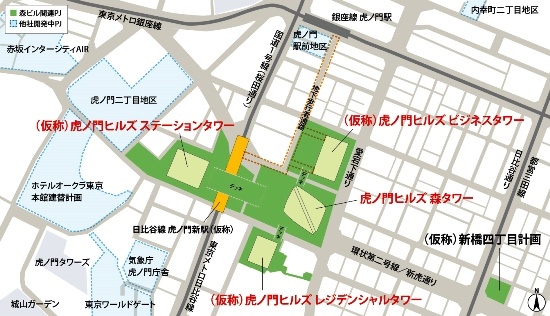 (図2)(仮称)虎ノ門ヒルズステーションタワーは虎ノ門ヒルズ森タワーを中心とするエリア内に建設される予定。2022年度完成を目指し、東京メトロの日比谷線虎ノ門新駅(仮称)と一体整備される計画だ(資料:森ビル)