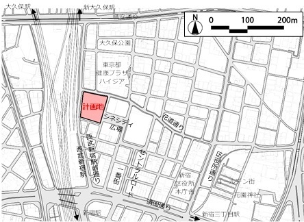 (図2)「新宿TOKYU MILANO再開発計画」の計画地。外国人観光客に東京で一番人気の「新宿・大久保」エリアの真ん中に位置する(資料:東急電鉄)