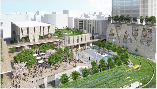 (図1)宇都宮駅東口地区整備事業の完成予想パース。優先交渉権者に選定された民間グループの提案では、LRT(次世代型路面電車)の停留場の目の前に交流広場やコンベンション施設で構成する公共施設を配置する。民間施設としては、ホテルとオフィスなどの複合ビル、ホテルと商業施設などの複合ビル、分譲マンション、医療施設などを提案している(資料:野村不動産)