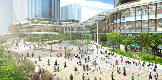 (図2)高輪GW駅からまち方向を見たイメージ。駅前には歩行者広場が広がる。右手のビルは4街区北棟、左手のビルは4街区南棟(資料提供:JR東日本)