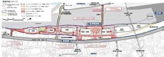 (図3)品川開発プロジェクトの整備平面イメージ。高輪GW駅の東側に広がる鉄道用地の上下を越えて東西を結ぶ3本の道路も整備される(資料提供:JR東日本)