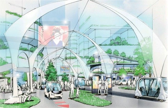 (図1)品川駅西口の2階駅前広場では、このセンターコアが歩行者動線の中心軸を形成する。歩行者と自動運転技術を用いたモビリティが共存する想定だ(資料提供:国土交通省東京国道事務所)