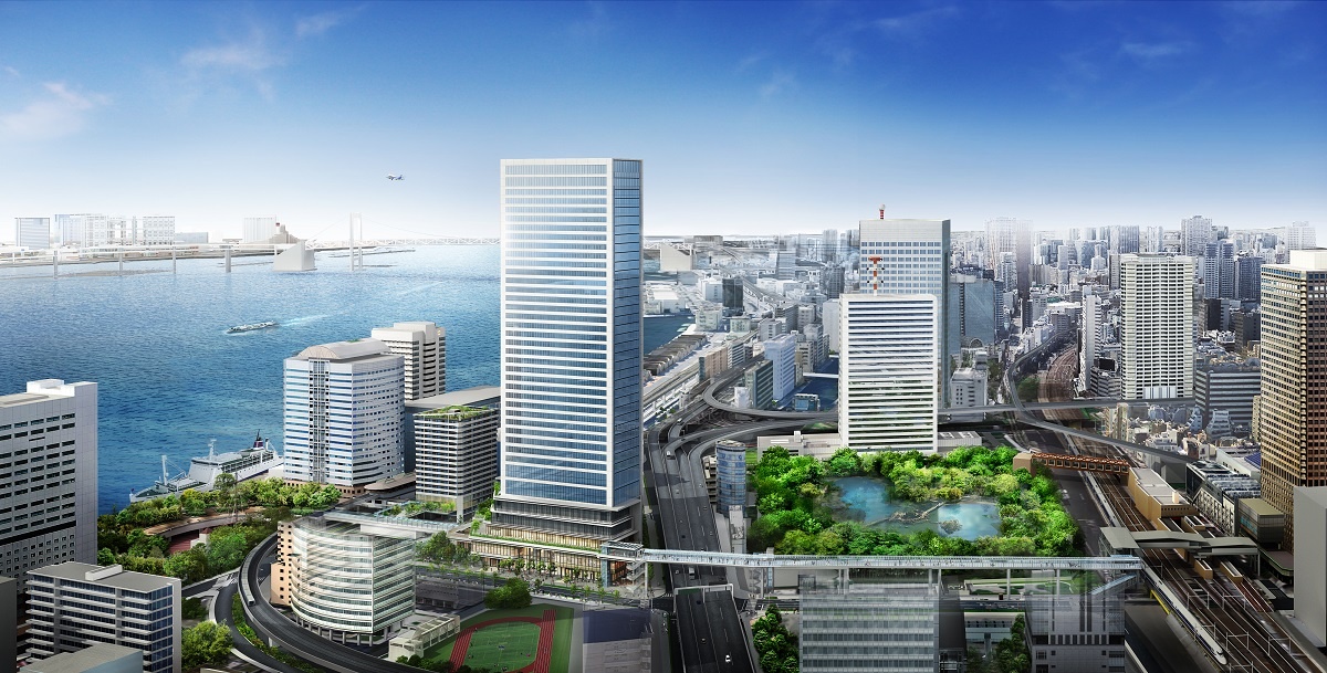  （図1）「東京ポートシティ竹芝」周辺のイメージパース。正面の超高層ビルが、地上40階建てのオフィスタワー。そのすぐ左が、地上18階建てのレジデンスタワー。右手のJR浜松町駅との間は、歩行者デッキで結ばれる（画像提供：東急不動産）