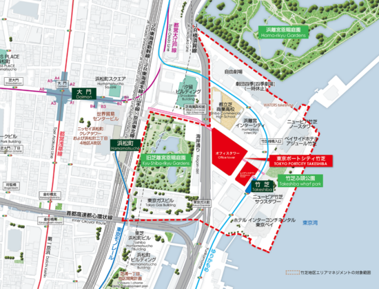 （図3）「東京ポートシティ竹芝」を中心とする約28haの区域が、竹芝地区のエリアマネジメントで想定する範囲。まずはここで「デジタルエリマネ」の展開を目指す（画像提供：東急不動産）