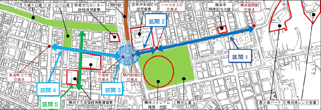  （図1）横浜市ではJR関内駅を中心とする一帯で区間1から区間5までの道路再整備を検討している（資料提供：横浜市）