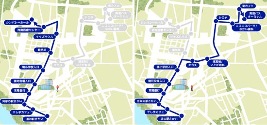 （図2）2期の運行ルート。道の駅「さかい」や境町高速バスターミナルなど域外との交通の拠点にも乗り入れる。高速バスターミナルは、JR東京駅との間を最短80分で結ぶ高速バスが2021年7月から運行を始めるのに伴い、新しく開設された（資料提供：BOLDLY）