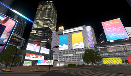 （図1）都市連動型メタバースの「バーチャル渋谷」。JR渋谷駅前のスクランブル交差点から駅方向を見上げる。左手には渋谷スクランブルスクエアがそびえる（出所：バーチャル渋谷）