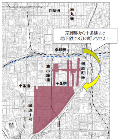 (図1)京都駅南側のオフィス・ラボ誘導地区。京都駅に比較的近い幹線道路沿いの「京都駅南部」とその南に面的に広がる「らくなん進都(鴨川以北)」に分かれる(出所:「京都市企業立地促進プロジェクト(構想)」)