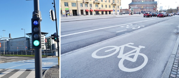 自転車専用信号機（左）は縦型でコンパクト。自転車マークが目印。自転車専用道路（右）は段差をつけたり、自転車マークをつけたり、色分けするなど、認識しやすいように工夫されている