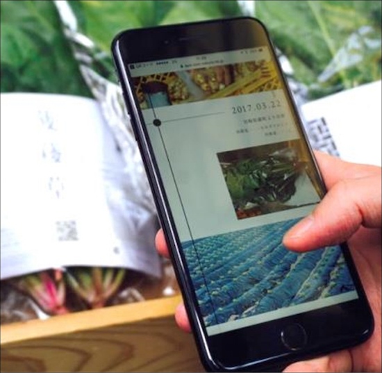 (写真1)六本木アークヒルズで開催されたマルシェではスマートフォンで野菜の情報を見ることができた