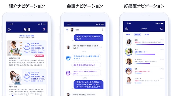 会話ナビゲーション機能では「スポーツバーに誘ってみると相手は受け入れる可能性が高い」など、アプローチの仕方やタイミングなど具体的なアドバイスを提示する(出所:AILL)