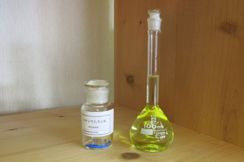 バナジウム化合物は青い粉末（左）だが、水に溶かすと淡い緑色（右）になる（写真：大塚 千春）