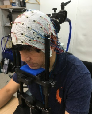(写真1)電極付きキャップによる脳波計測の様子