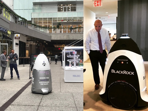 (写真3)ナイトスコープの屋外用警備ロボット「K5」は、あえて体を大きくして威圧感を持たせるようデザインされている(左)。屋内用警備ロボット「K3」も、重さは154kgあるので人間が1人で運び出すことはできない(右)。(ナイトスコープのホームページより引用)