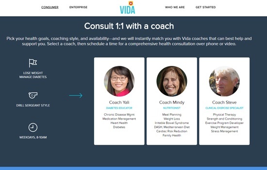 1対1のパーソナルコーチによる指導が特徴のVida Health(出所:米Vida Healthのホームページ)