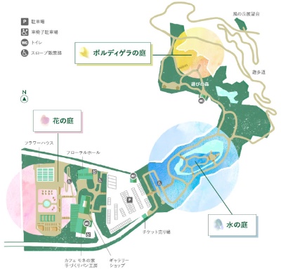 川上村「モネの庭」マルモッタンの園内マップ。「水の庭」に近い駐車場の一角にチケット売り場がある
